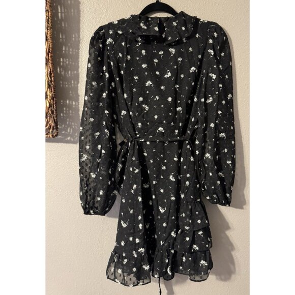 Spring + Mercer Women's Wrap Dress S Swiss Dot Floral Black White Ruffle NEW - Picture 10 of 11